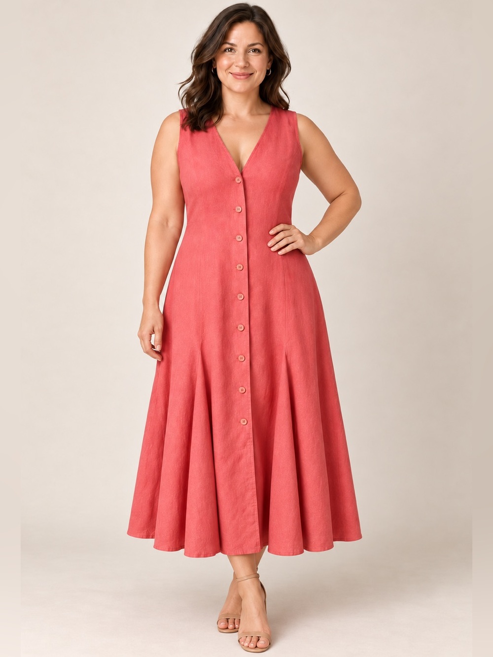 Talbots 100% Linen Godet Maxi Dress Coral Button Front Full Skirt Petite 14